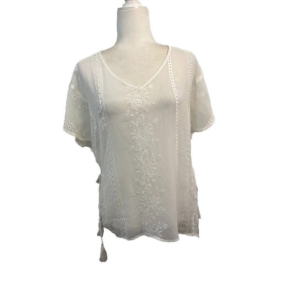 Ariat Sheer Embroidered Blouse Side Tassels Women Medium Western Boho - Picture 1 of 11